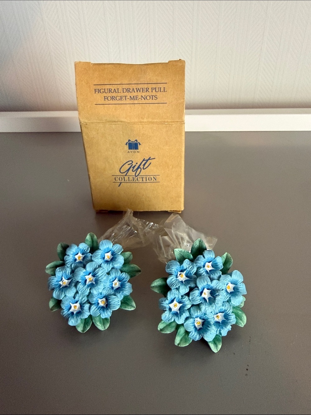 Avon Blue Forget-Me-Not Floral Drawer Pulls with Green Leaves Set of 2 
2”